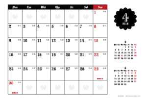 2018年4月｜ゴシックカレンダー(横1ヶ月/ポストカード)