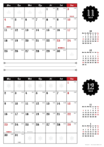 2019年11・12月｜ゴシックカレンダー(横2ヶ月/A4)