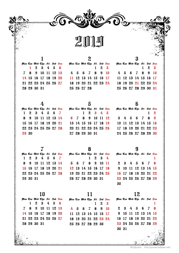 2019年ゴシックカレンダー 年間カレンダー Upしました かわいいカレンダー やペーパーグッズを無料でダウンロードサイト Kajilabo Paper カジラボ ペーパー