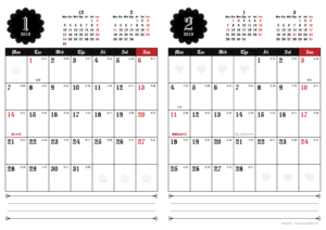 2019年1・2月｜ゴシックカレンダー(縦2ヶ月/A4)