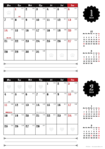 2019年1・2月｜ゴシックカレンダー(横2ヶ月/A4)