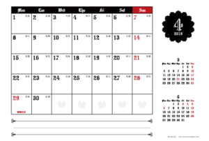 2019年4月｜ゴシックカレンダー(横1ヶ月/ポストカード)