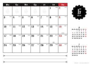 2019年6月｜ゴシックカレンダー(横1ヶ月/A4)
