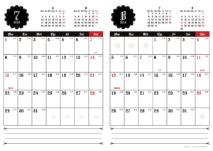 2019年7・8月｜ゴシックカレンダー(縦2ヶ月/A4)