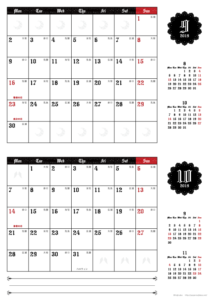 2019年9・10月｜ゴシックカレンダー(横2ヶ月/A4)