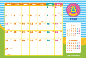 2020年8月｜シンプルカレンダー(横1ヶ月/ポストカード)