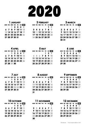 2020年モノトーンカレンダー(年間・たて/ポストカード100×148mm)【無料ダウンロード】