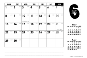 2020年6月｜モノトーンカレンダー(横1ヶ月/ポストカード)