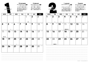 2021年1・2月｜モノトーンカレンダー(縦2ヶ月/A4)