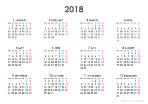 2018年シンプルカレンダー(年間・よこ/ポストカード148×100mm)【無料ダウンロード】