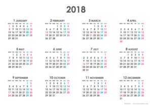 2018年シンプルカレンダー(年間・よこ/A4)