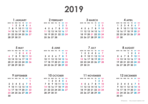 2019年シンプルカレンダー(年間・よこ/A4)