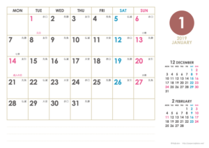 2019年1月｜シンプルカレンダー(横1ヶ月/A4)