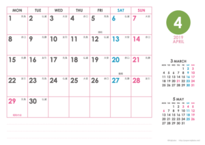 2019年4月｜シンプルカレンダー(横1ヶ月/A4)
