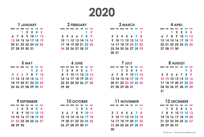 2020年シンプルカレンダー(年間・よこ/ポストカード148×100mm)【無料ダウンロード】
