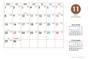 2021年11月｜シンプルカレンダー(横1ヶ月/ポストカード)