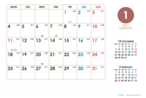 2021年1月｜シンプルカレンダー(横1ヶ月/ポストカード)