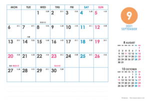 2021年9月｜シンプルカレンダー(横1ヶ月/ポストカード)