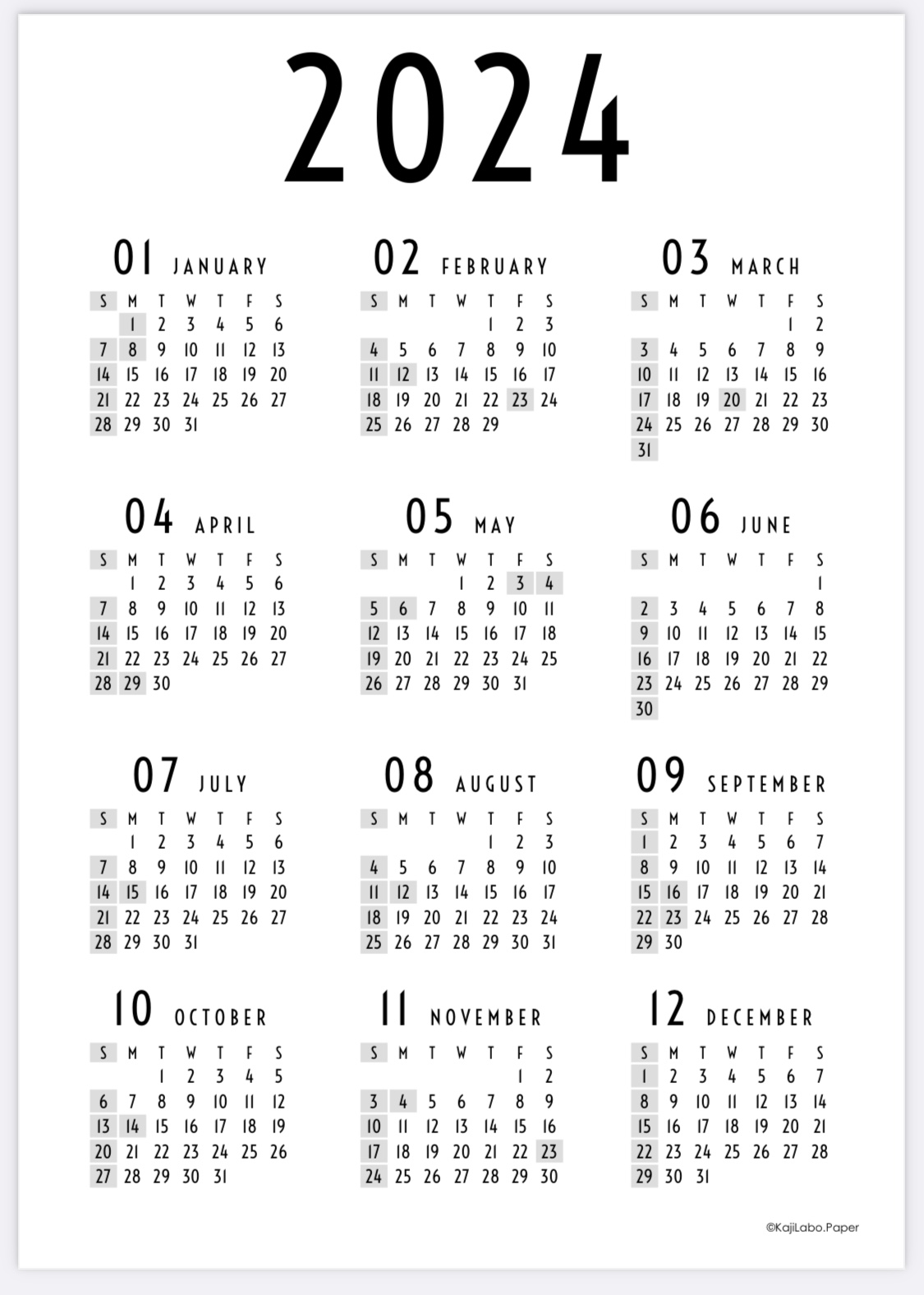 モノトーン2カレンダー（縦型年間カレンダー）