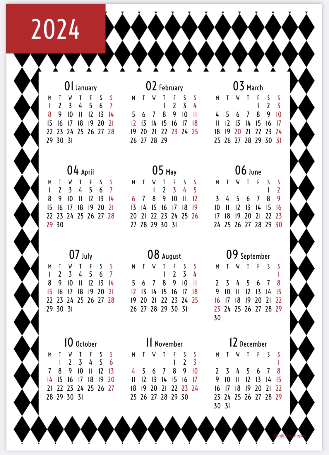 黒×赤モダン2カレンダー（縦型年間カレンダー）
