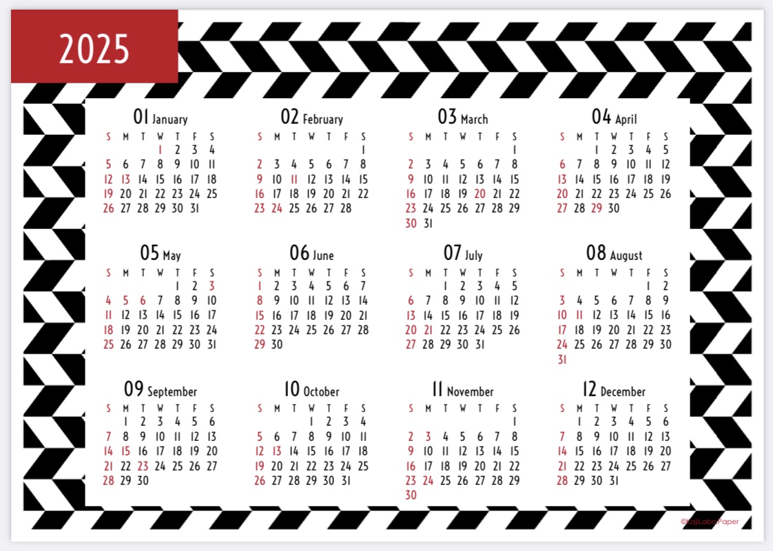 黒×赤モダン2カレンダー（横型年間カレンダー）