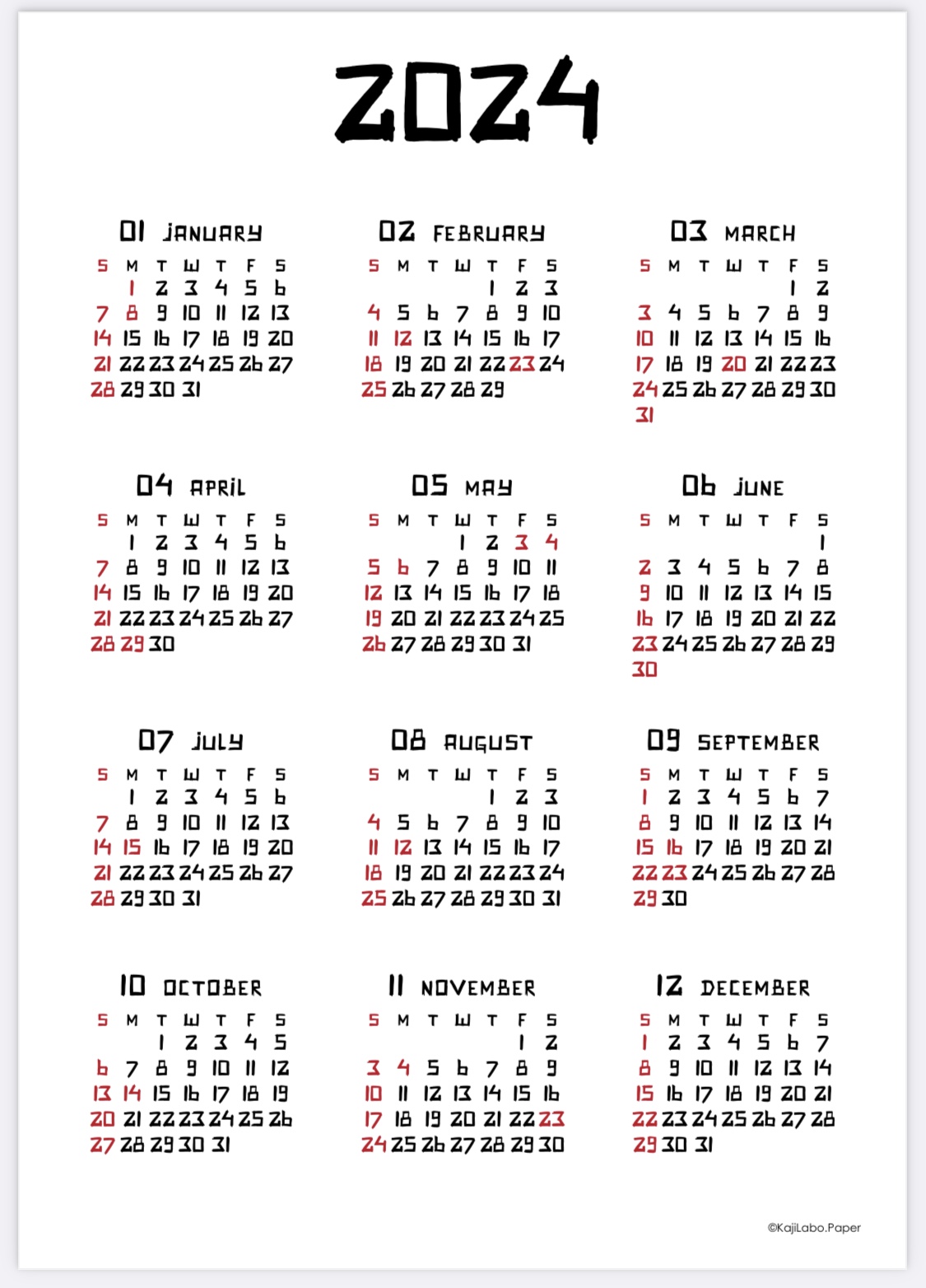 手書き風2カレンダー（縦型年間カレンダー）