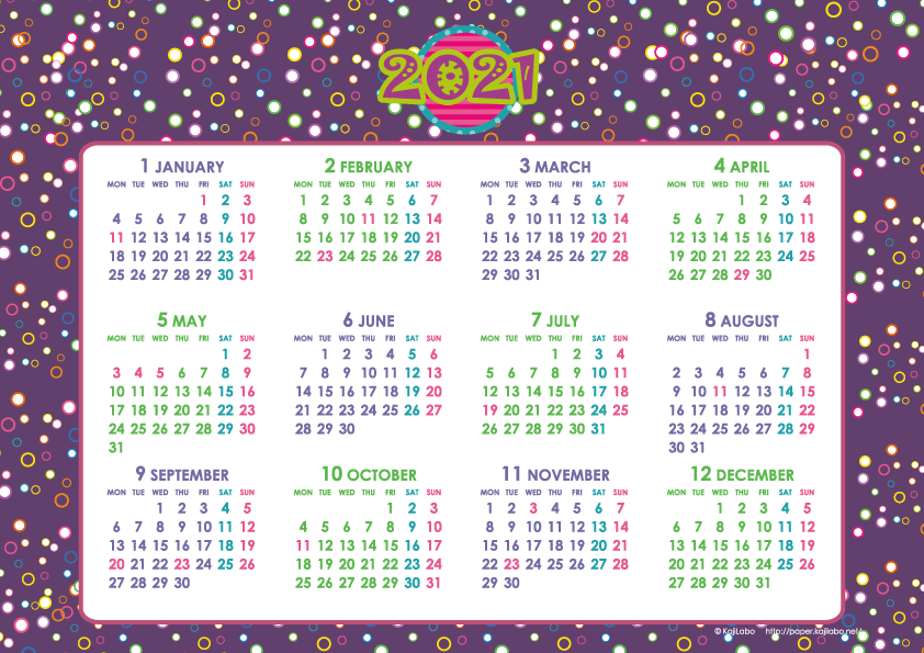 2021年シンプルカレンダー(年間・よこ/A4)