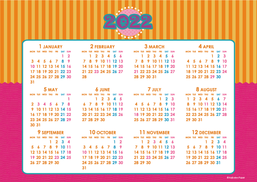 2022年シンプルカレンダー(年間・よこ/A4)