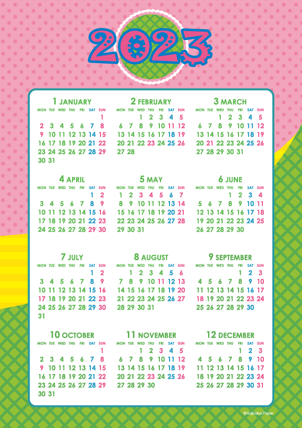 23年キッズポップカレンダー 年間カレンダー かわいいカレンダー やペーパーグッズを無料でダウンロードサイト Kajilabo Paper カジラボ ペーパー