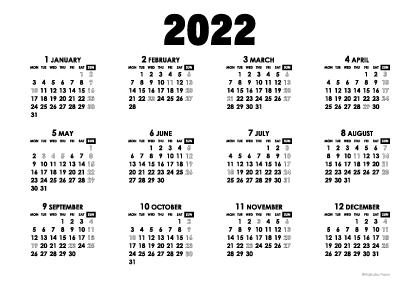 2022年モノトーンカレンダー(年間・よこ/ポストカード148×100mm)【無料ダウンロード】