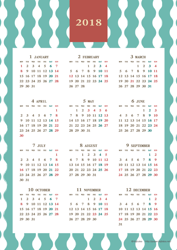 18年レトロモダンカレンダー 年間カレンダー かわいいカレンダーやペーパーグッズを無料 でダウンロードサイト Kajilabo Paper カジラボ ペーパー