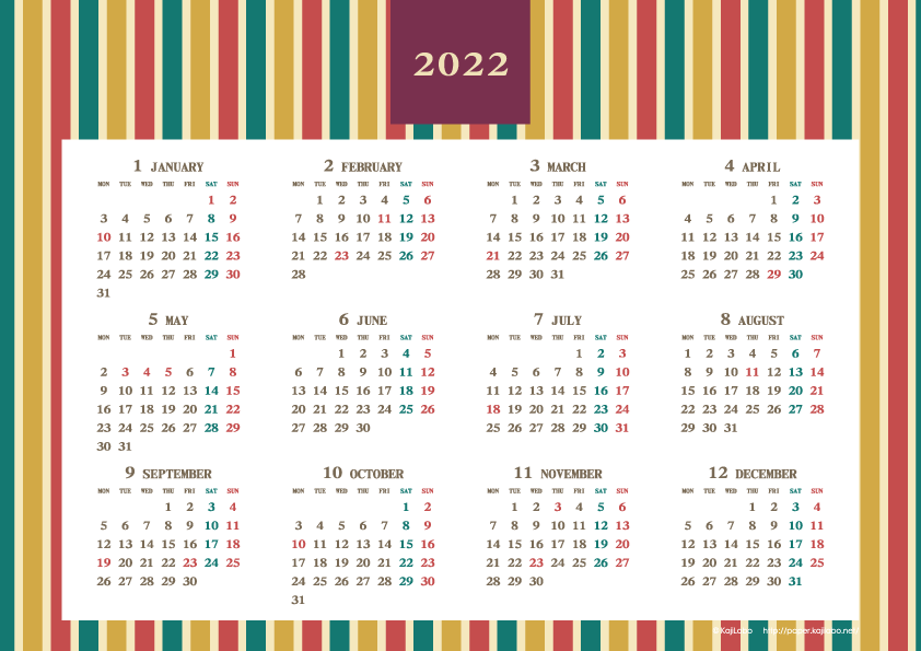 2022年レトロモダンカレンダー(年間・よこ/A4)