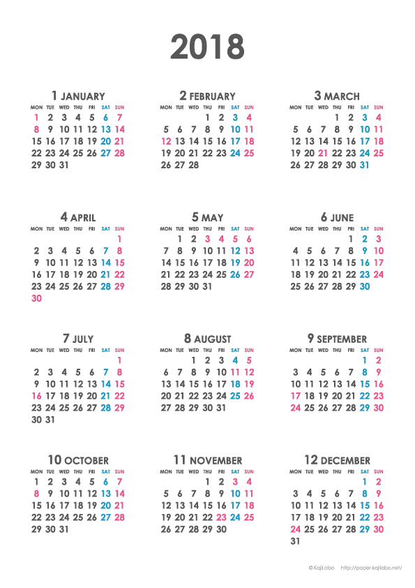 18年シンプルカレンダー 年間カレンダー Upしました かわいいカレンダーやペーパーグッズを無料 でダウンロードサイト Kajilabo Paper カジラボ ペーパー