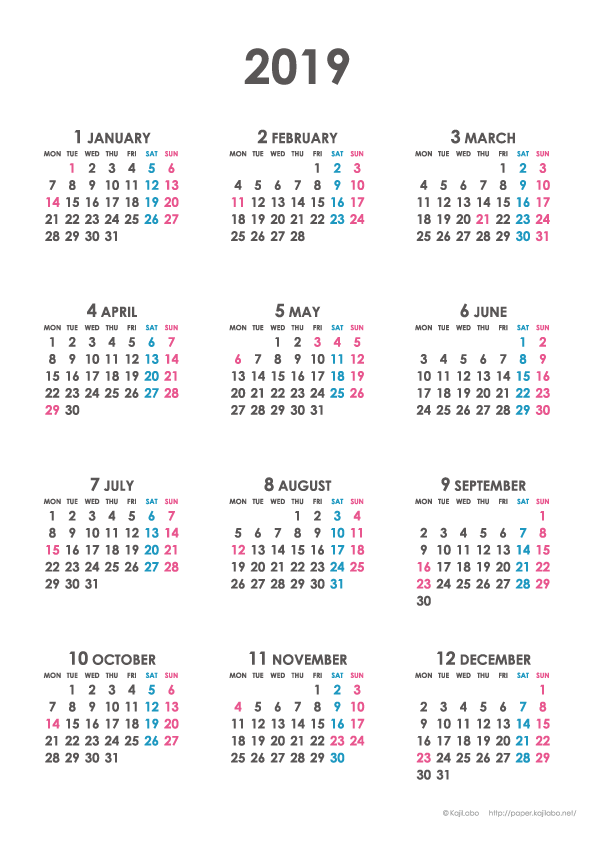 19年シンプルカレンダー 年間カレンダー Upしました かわいいカレンダーやペーパーグッズを無料でダウンロードサイト Kajilabo Paper カジラボ ペーパー