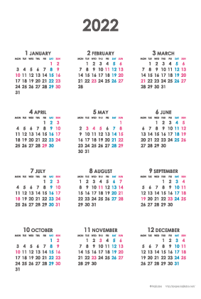 2022年シンプルカレンダー(年間・たて/ポストカード100×148mm)【無料ダウンロード】