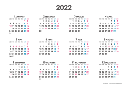 2022年シンプルカレンダー(年間・よこ/ポストカード148×100mm)【無料ダウンロード】