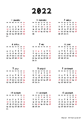 2022年手書き風カレンダー(年間・たて/ポストカード100×148mm)【無料ダウンロード】