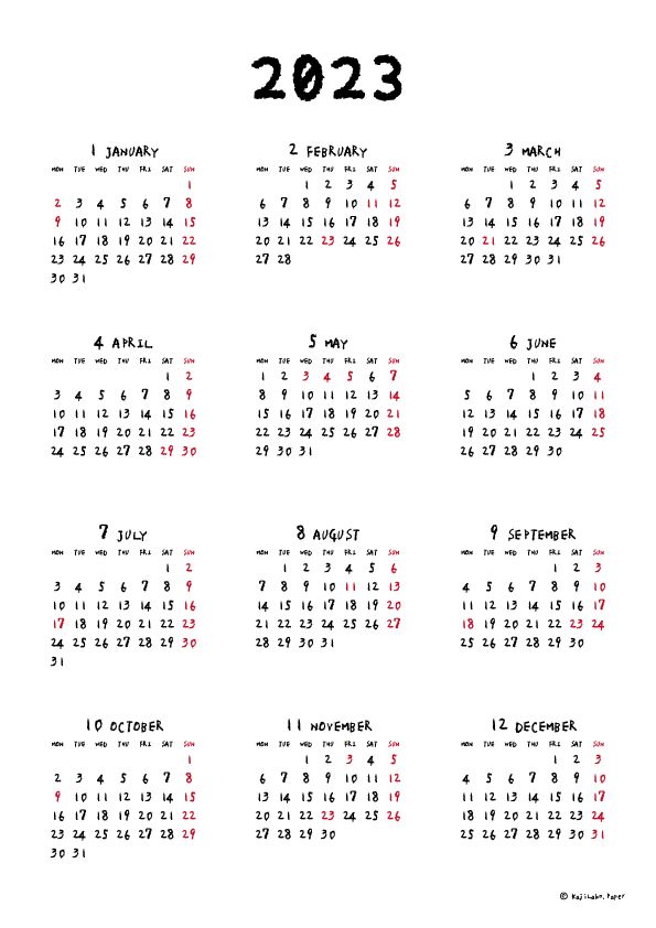 2023年手書き風カレンダー(年間・たて/A4)