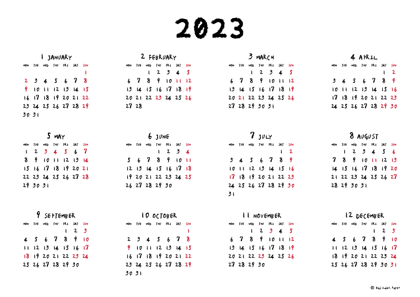 2023年手書き風カレンダー(年間・よこ/A4)